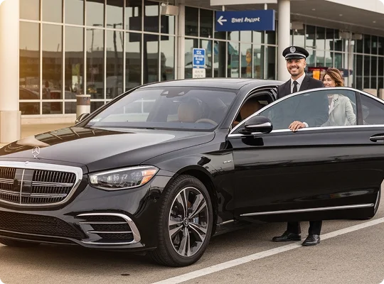 Chauffeur standing beside a black luxury car in front of an airport terminal.
